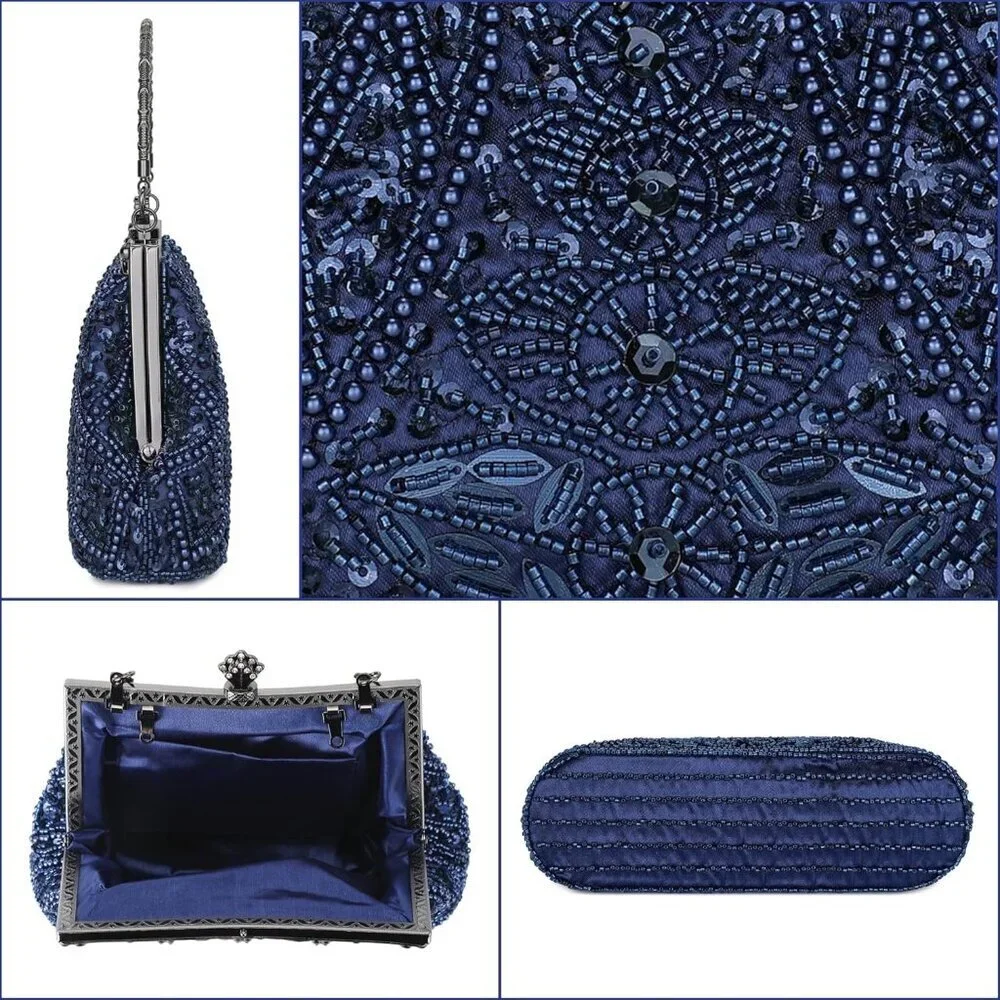 1920s Beaded Satin Clutch Bag for Evening Weddings Proms Black - Picture 6 of 8